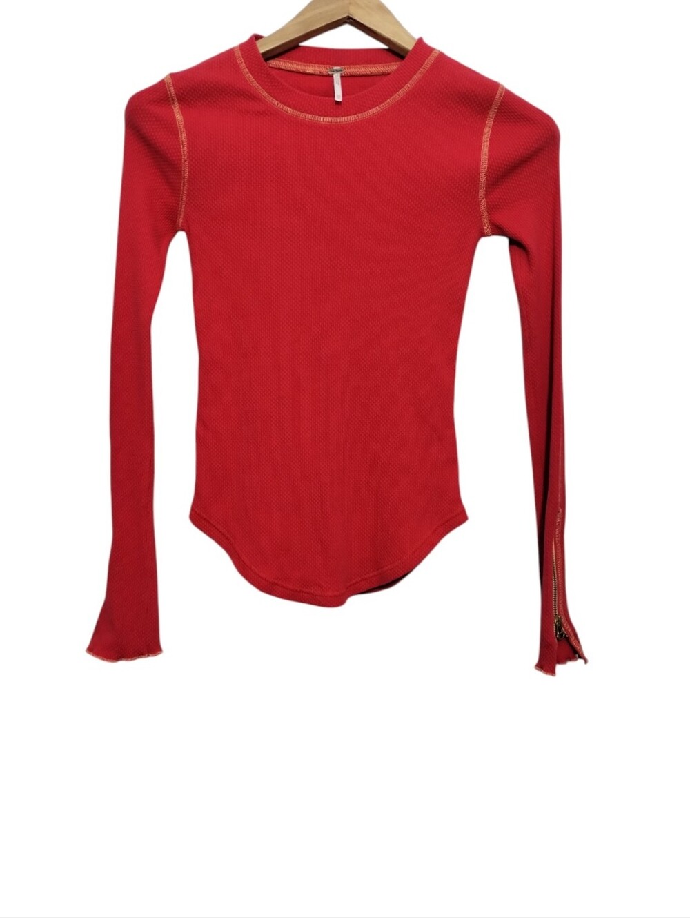 Free People Women's XS Red Long Sleeve Thermal Top Zipper Cuffs Waffle Knit Boho